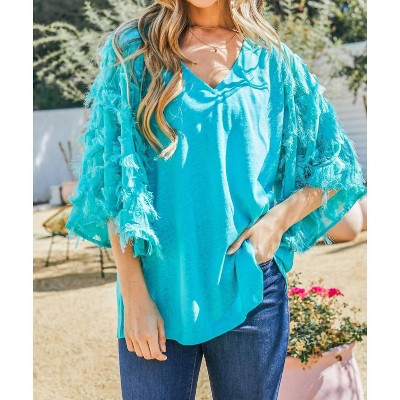 Women's Feather Detailed 3/4 Sleeve Slub Top - And The Why