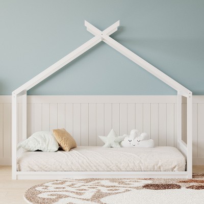 Okak Montessori House Floor Bed Twin/Full Size,Solid Wood Bed Frame with Safety Rails & Headboard, Low-Profile Kids Bed,Slat Not Required