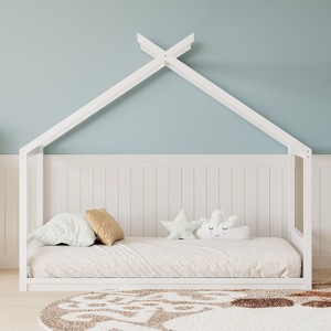 Okak House Floor Bed Twin/Full Size,Solid Wood Bed Frame with Safety Rails & Headboard, Wooden Fence Bed,Slat Not Required - 1 of 4