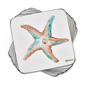 Pimpernel Coastal Shore Coasters - Set of 6 Square Cork Backed Drink Coasters with Beach & Ocean Art - Heat & Stain Resistant Surface - 1 of 4