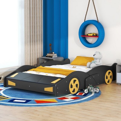 1 Full Car Bed Frame, Solid Wood Platform with Wheels and Built-in Storage for Kids Bedroom Decor - Baofuwish