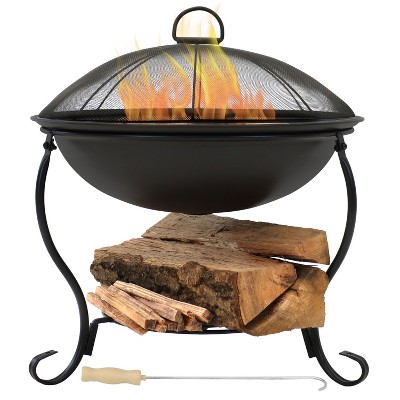 Sunnydaze Outdoor Camping or Backyard Steel Round Raised Fire Pit on Stand with Spark Screen - 18" - Black