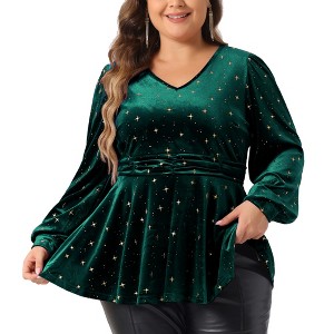 Agnes Orinda Women's Plus Size Elegant Shiny Gilding Metallic Stars Peplum V Neck Long Sleeve Velvet Blouse - 1 of 4
