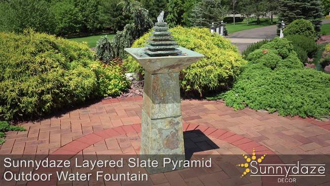 Sunnydaze 40"H Electric Natural Slate Layered Pyramid Tiered Outdoor Water Fountain with LED Light, 2 of 11, play video