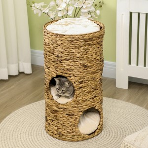LOVMOR Elevated Cat Bed with Three Hideaways & Four Soft Plush Cushions, Cat Tower with Hand-Woven Materials, Multi-Layer Raised Kitten Bed Caves - 1 of 4