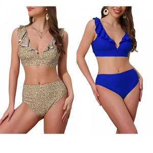 INSPIRE CHIC Women's Ruffle Trim V Neck Wide Strap Drawstring Tie Back Top Triangle Bottom Bikini Sets 2 Sets - 1 of 4