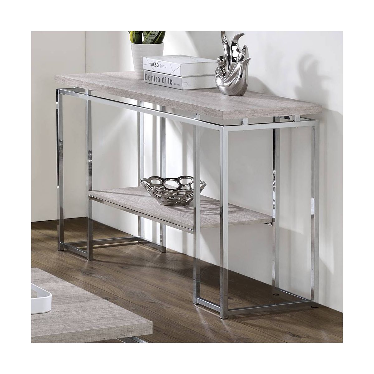 48" Chafik Accent Table Natural Oak/Chrome - Acme Furniture: Contemporary Sofa Table with Shelf - thumbnail 5