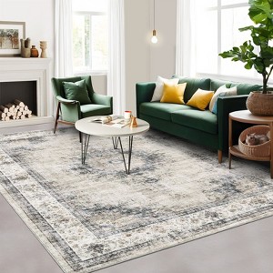 Vintage Area Rug 4 x 6 Washable Medallion Throw Rug with Non-Slip Backing, Foldable Distressed Low Pile Accent Carpet, Stain-Resistant Floor Cover - 1 of 4