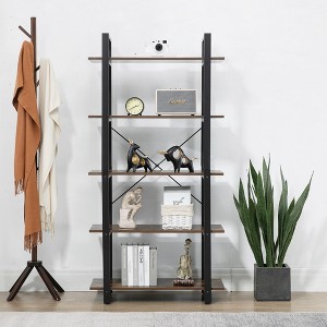 5-Shelf Vintage Industrial Rustic Bookshelf, 5 Tier Wood and Metal Bookcase, Open Etagere Book Shelf, Farmhouse Wooden Bookshelves, Vintage Brown - 1 of 4