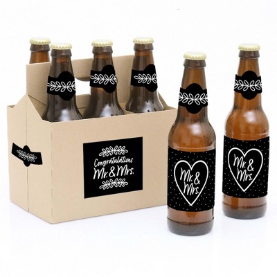 Big Dot of Happiness Mr. and Mrs. - Black and White Wedding or Bridal Shower Decorations for Women & Men - 6 Beer Bottle Label Stickers & 1 Carrier