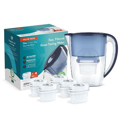 Aqua Optima 6-Cup Water Filter Pitcher Bundle, 6 Evolve+ Filters, Reduces Microplastics, BPA Free, WQA Certified, Oria Design (Blue)