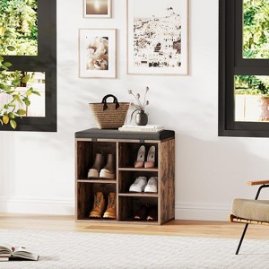 Entryway Shoe Bench with Storage & Cushioned Seat | Wooden Shoe Rack Organizer with Adjustable Shelves & Side Pockets for Hallway, Mudroom & Porch - 1 of 4