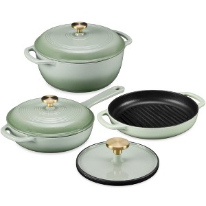 Best Choice Products 6-Piece Enameled Cast Iron Cookware Set, 6QT Dutch Oven W/ Lid, 2QT Skillet W/ Lid, Grill Pan, Grill Press - Sage - 1 of 4