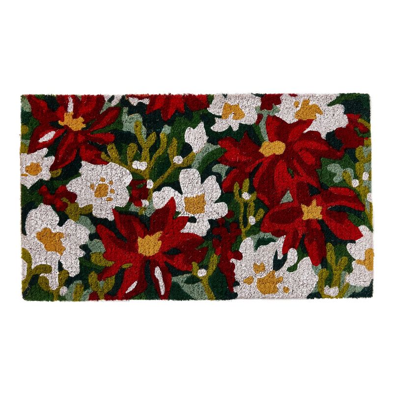 tagltd 1'6"x2'6" Red and White Poinsettia Flowers Rectangle Indoor and Outdoor Coir Door Welcome Mat Green Background, 1 of 3