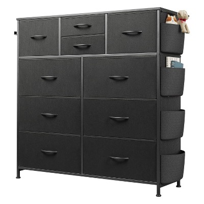 10-Drawer Fabric Dresser, Sturdy Metal Frame Organizer Unit with Side Pockets and Hooks for Bedroom, Living Room, Hallway, Black