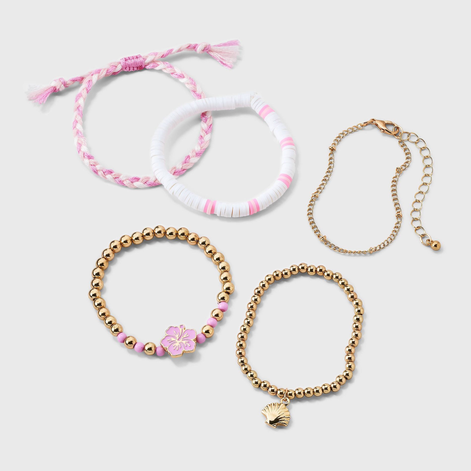 Girls' 5pk Hibiscus and Shell Charm Bracelet Set - Cat & Jack™ Gold/Pink