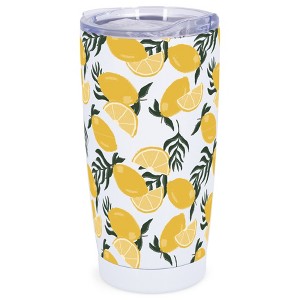 Elanze Designs 20 oz Stainless Steel On the Go Insulated Travel Tumbler With Push Top Lid, Citrus Lemon Pattern White - 1 of 4