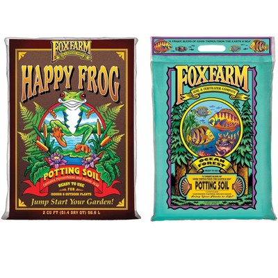 Foxfarm FX14047 + FX14053 Happy Frog Potting Soil Mix and Ocean Forest 6.3-6.8 pH Garden Potting Soil Mix for Nurturing Plants, (2 Pack)