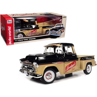 1957 Chevrolet 3100 Stepside Pickup Truck Black and Tan with Graphics 1/18  Diecast Model by Auto World