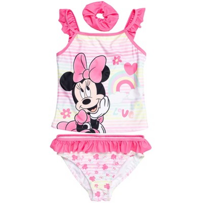 Mickey Mouse & Friends Minnie Mouse Little Girls Tankini Top Bikini Bottom and Scrunchie 3 Piece Swimsuit Set Pink 7