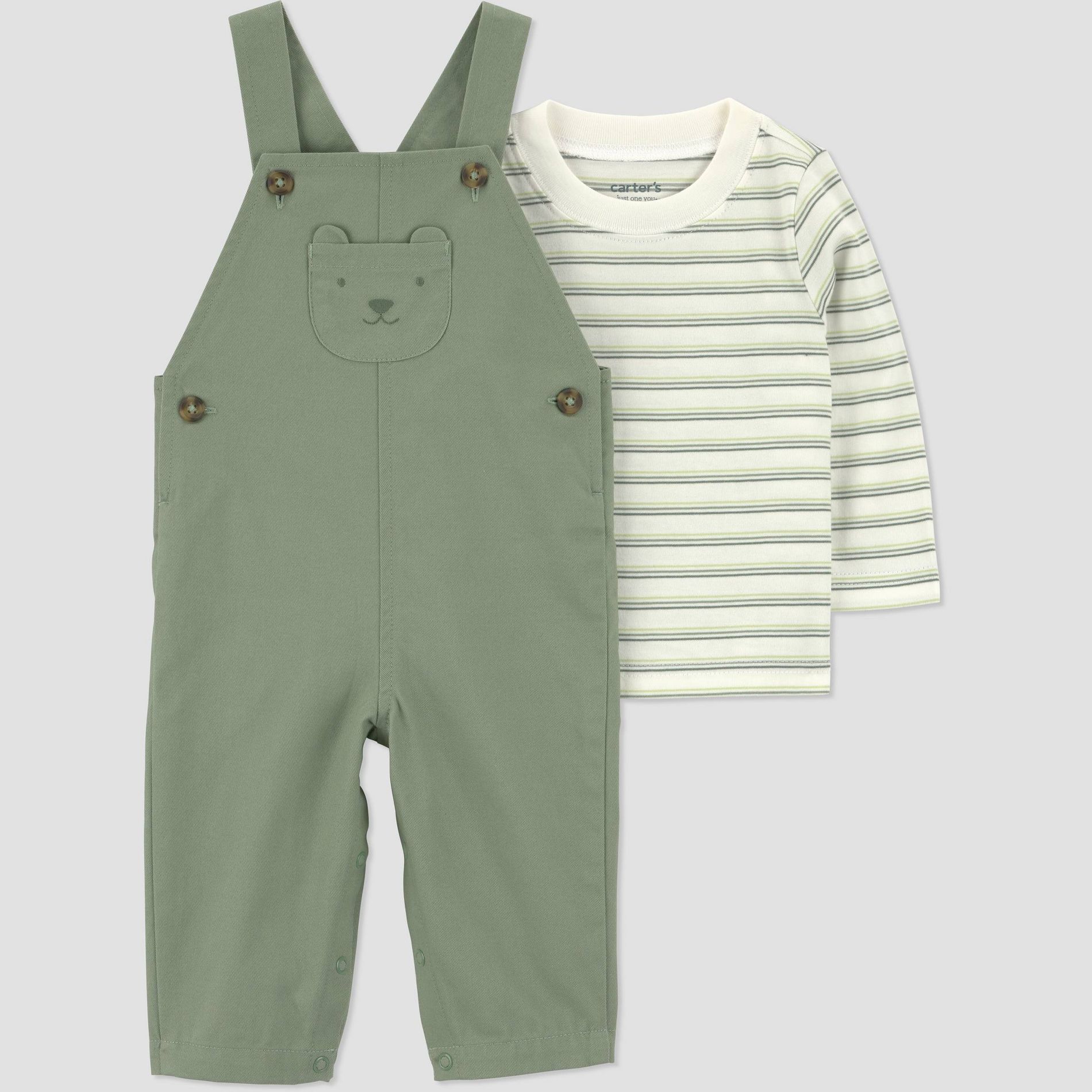 Carter's Just One You® Baby Boys' Dino Striped Long Sleeve Bodysuit and Overalls Set - Green 6M