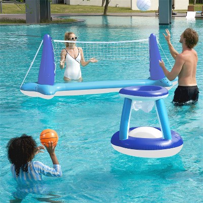 Joyfy Inflatable Volleyball Net & Basketball Hoop Pool Float Set with Balls - Perfect Summer Pool Games for Kids & Adults Beach Parties & Backyard Fun