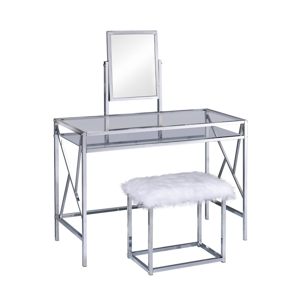 24/7 Shop At Home Burdette: Tempered Glass & Chrome Vanity Set with Plush Stool