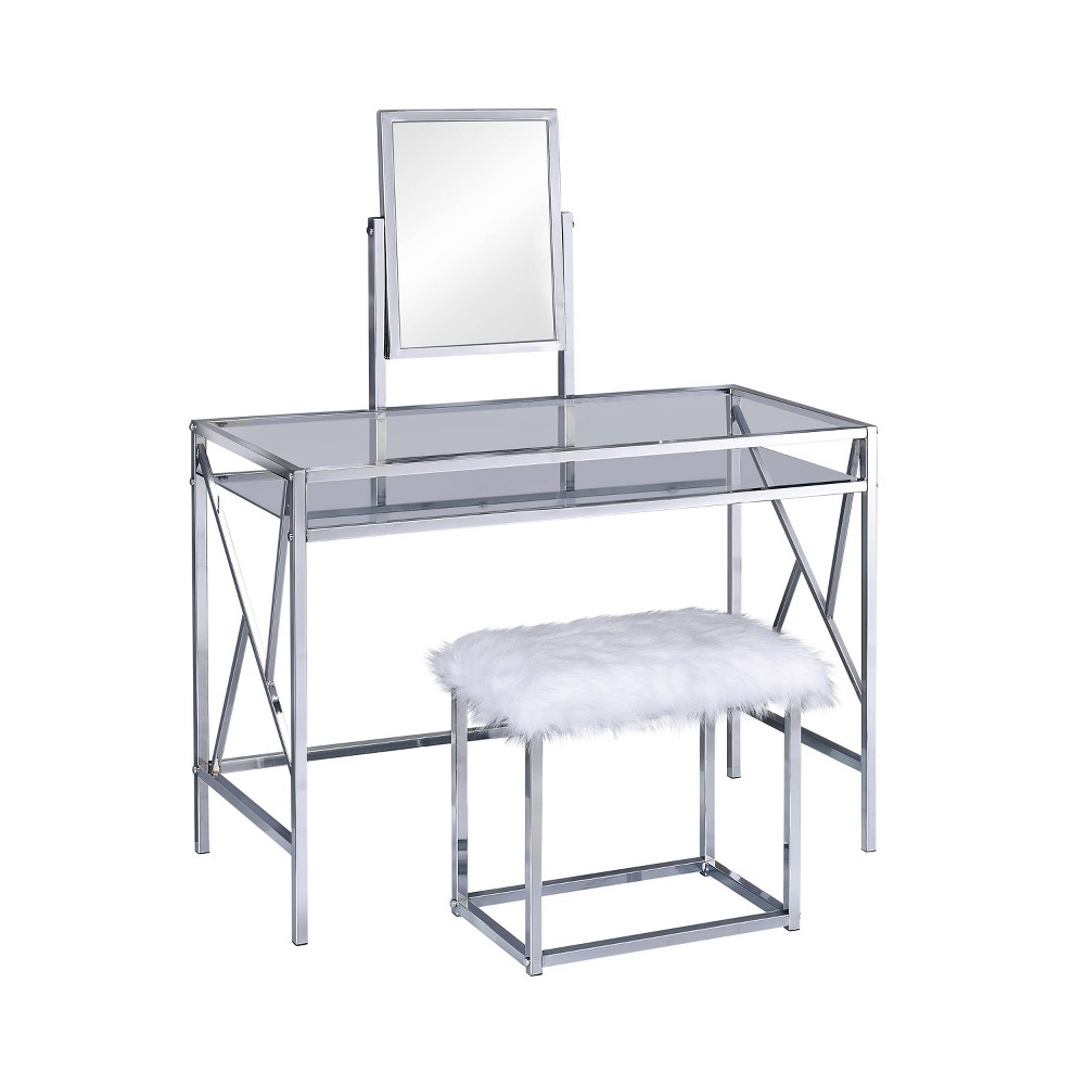 Photos - Other Furniture 24/7 Shop At Home Burdette: Tempered Glass & Chrome Vanity Set with Plush Stool