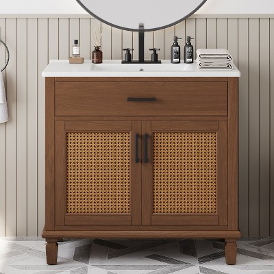 VYNXARIA 36" Rattan Bathroom Vanity with Ceramic Sink, Modern Bathroom Sink Cabinet, Free-standing Bathroom Vanity, Brown