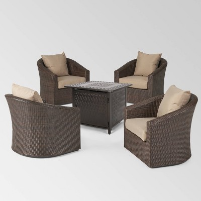 Darius 5pc Wicker Swivel Chair & Fire Pit Set - Brown/Khaki/Hammered Bronze - Christopher Knight Home