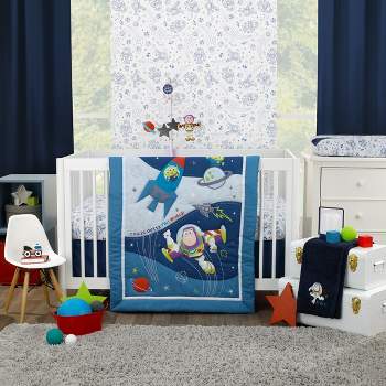 Disney Toy Story Outta This World Blue and Gray 3 Piece Nursery Crib Bedding Set - Comforter,  Fitted Crib Sheet, and Crib Skirt