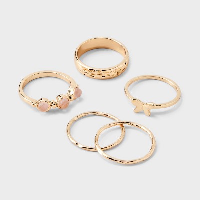 Semi Precious Rose Quartz and Butterfly Ring Set 5pc - Universal Thread™ Gold: Stacking, Statement, Three Stone Rings