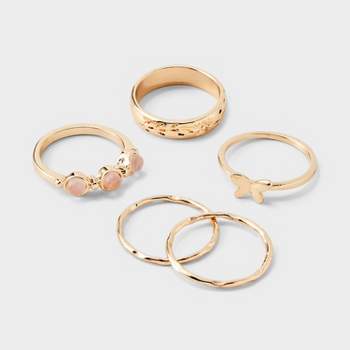 Semi Precious Rose Quartz and Butterfly Ring Set 5pc - Universal Thread™ Gold
