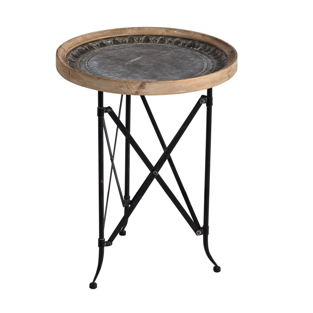 Photos - Coffee Table Classic Vintage Wood and Metal Round Side Table Natural/Black - A&B Home