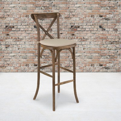 Antique Dark Brown Ash Wood Barstool with Burlap Cushion