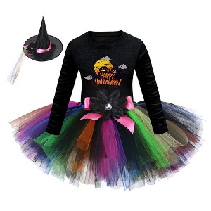 MyKids-USA Arrival Girls’ Halloween Costume: Long Sleeves Cartoon Printed Witches Cosplay Party Tulle Patchwork Dress with Hat Set - 1 of 4