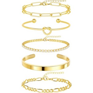 14K Gold Plated Chunky Cuff Bracelet Set for Women with Tie Knot Cuban Rope Paperclip Beaded Designs, Non Tarnish - 1 of 4