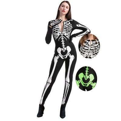 Joyfy  Halloween Skeleton Costume for Women Glow in the Dark Bodysuit for Adult Halloween Costume Cosplay Party