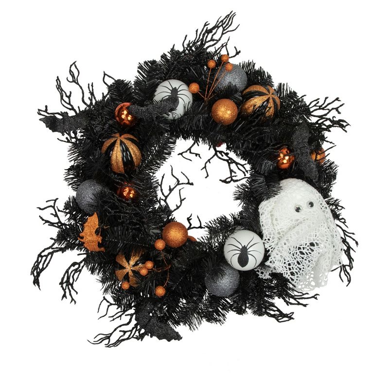Northlight Orange Ornaments and Ghost Halloween Pine Wreath, 24-Inch, Unlit, 1 of 5