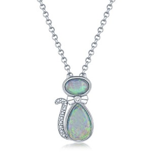 Opalata Sterling Silver White Opal and CZ Cat 18" Pendant Necklace - White - 1 of 2