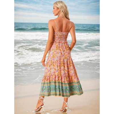 Женские платья INSPIRE CHIC Women's Summer Spaghetti Strap A-Line Flowy Smocked Midi Boho Floral Sundresses Orange X-Small — фото 3