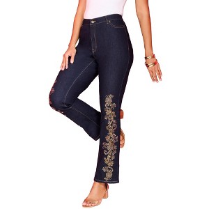 Roaman's Women's Plus Size Rhinestone-Detailed Bootcut Jean - 1 of 4