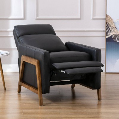 Reed Black Leather and Wood Push Back Recliner