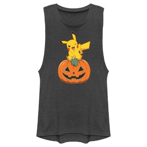 Juniors Womens Pokemon Halloween Jack-O'-Lantern Pikachu Festival Muscle Tee - 1 of 4