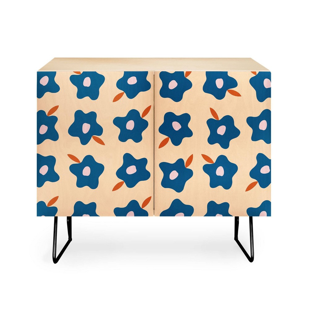 Maritza Lisa Wonky Spring Flowers Credenza: Birch/Blue/Black, Adjustable Shelves - Deny Designs