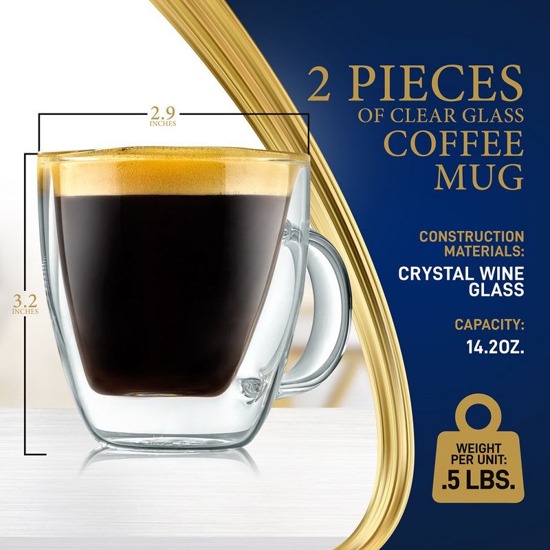 NutriChef 2 Pcs. of Clear Glass Coffee Mug - Elegant Clear Glasses with Convenient Handles, For Hot and Cold Drinks, 2 of 8
