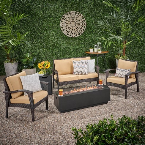 Kahala 5pc Wicker Chat Set with Fire Table Brown Tan Dark Gray Christopher Knight Home