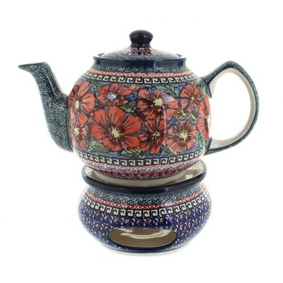 Blue Rose Polish Pottery Jungle Flower Teapot with Warmer