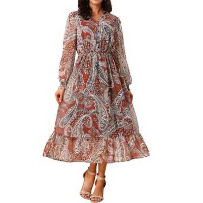INSPIRE CHIC Women's V Neck Boho Floral Long Sleeve High Waist Smocked Cuff A-Line Flowy Midi Dress