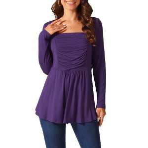 Seta T Women's Long Sleeve Square Neck Loose Fit Pleated Flowy Tunic Top - 1 of 4